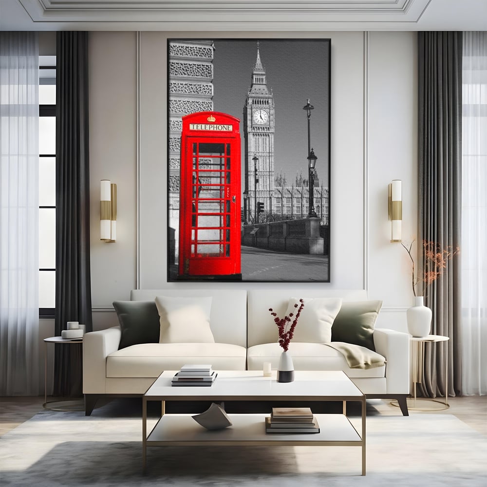 Tablou canvas cu tablou canvas cu cabina rosie si big ben, in rama de aluminiu negru, pe perete intr-un living